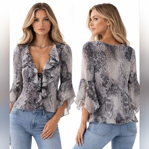 New Lipsy London Snake Print Ruffle Blouse Lightweight Semi Sheer Top Bitten
